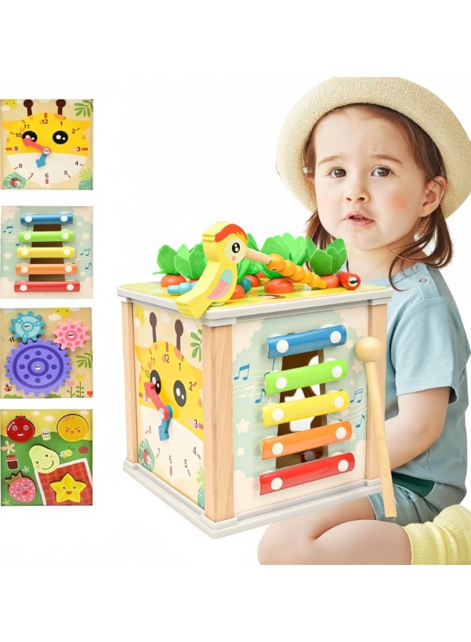 مكعب أنشطة خشبي 6 في 1، ألعاب مونتيسوري مع لعبة فرز وتكديس، صندوق كنز متعدد الوظائف، لعبة تكديس الجزر للأولاد والبنات - Image 1